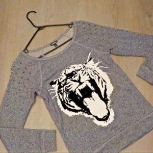 Women's Studded Long Sleeve Top Express Tiger Print Cotton Pullover Sweater XS